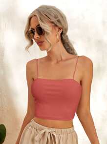 SHEIN Essnce Top de tirantes corto tejido de canalé unicolor - Rosa Oxidada - Ver 5