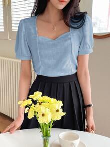 DAZY 甜心领泡泡袖华夫格针织T恤，教师服装