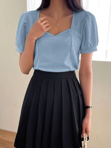 DAZY 甜心领泡泡袖华夫格针织T恤，教师服装