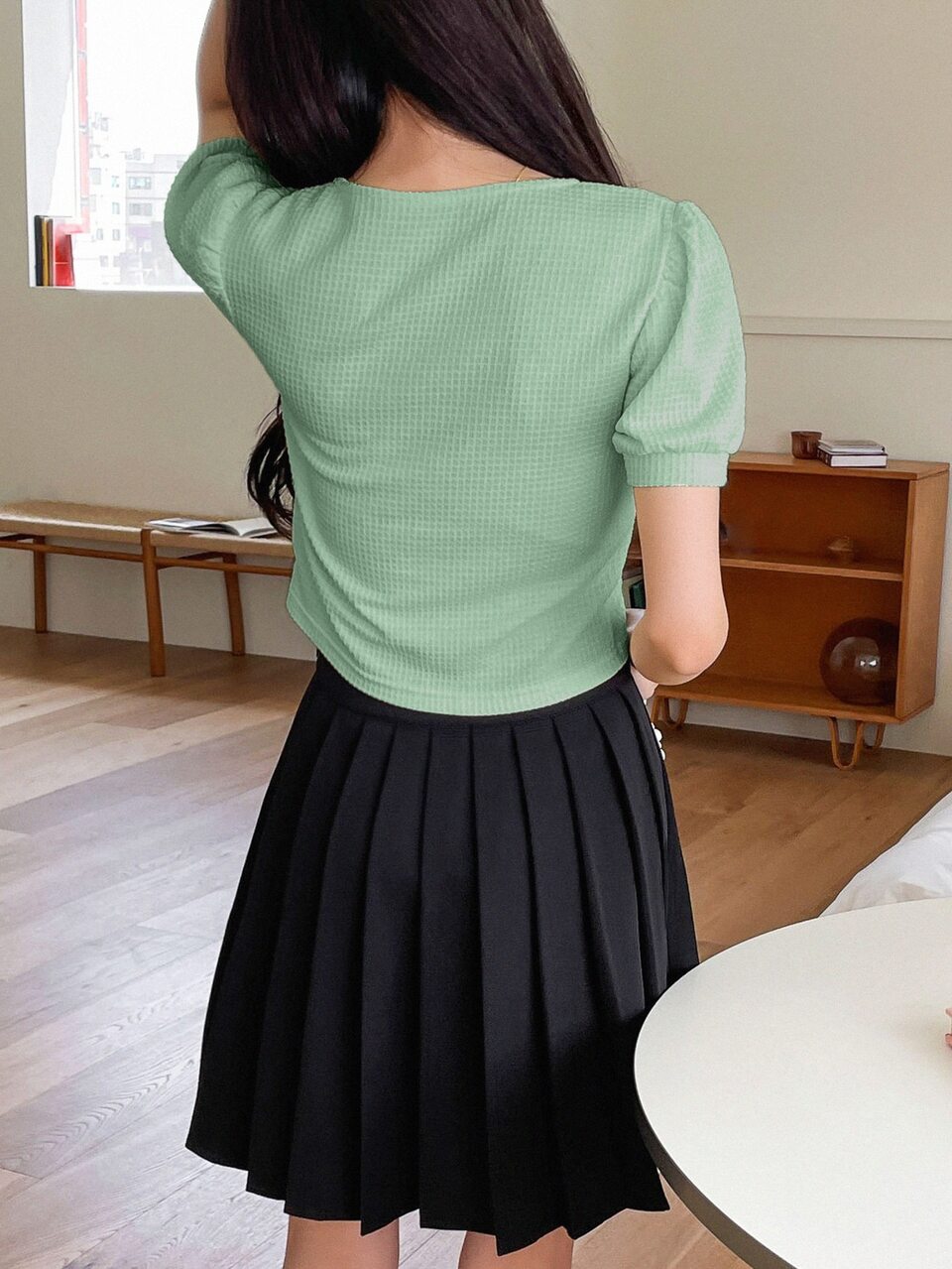 Sweetheart Neck Puff Sleeve Waffle Knit Tee