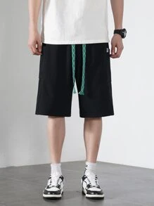 Quần Short Nam Dây kéo Đắp vá Túi Lá thư Giải trí - màu đen - Xem 4
