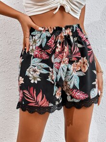 SHEIN Frenchy 熱帶圖案鏤空蕾絲花邊紙袋腰前繫帶短褲 - 彩色 - 查看 3