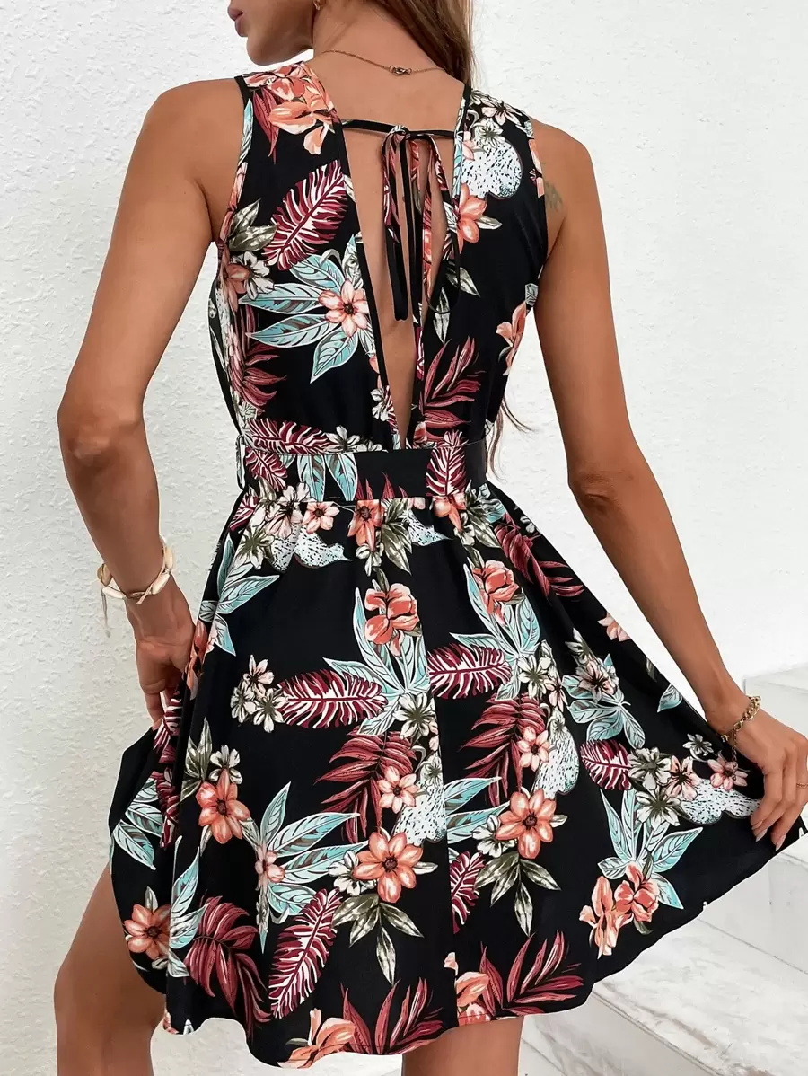 SHEIN VCAY Tropical Print Tie Back Belted Dress - Multicolor - View 1