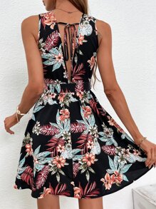 SHEIN VCAY Tropical Print Tie Back Belted Dress - Multicolor - View 3