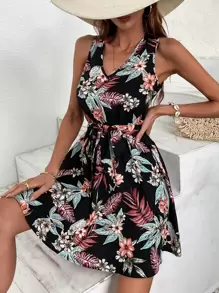 SHEIN VCAY Tropical Print Tie Back Belted Dress - Multicolor - View 5