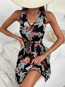 SHEIN VCAY Tropical Print Tie Back Belted Dress - Multicolor - View 6