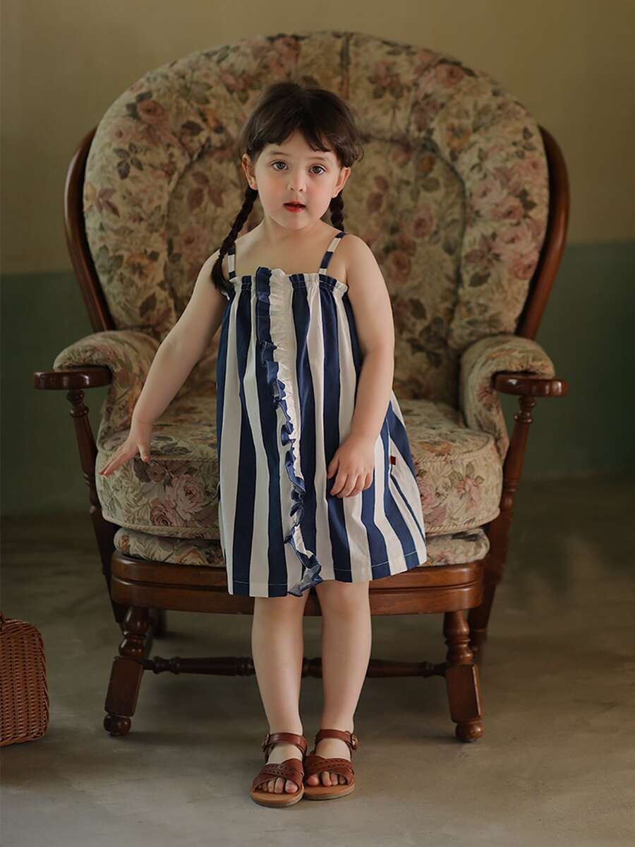 High-End Children's Striped Ruffle Trim Dress For Young Girls - Blue and White - View 1