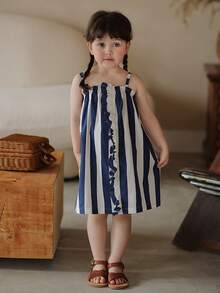 High-End Children's Striped Ruffle Trim Dress For Young Girls - Blue and White - View 3
