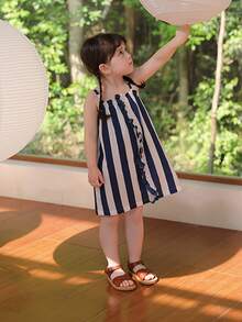 High-End Children's Striped Ruffle Trim Dress For Young Girls - Blue and White - View 5