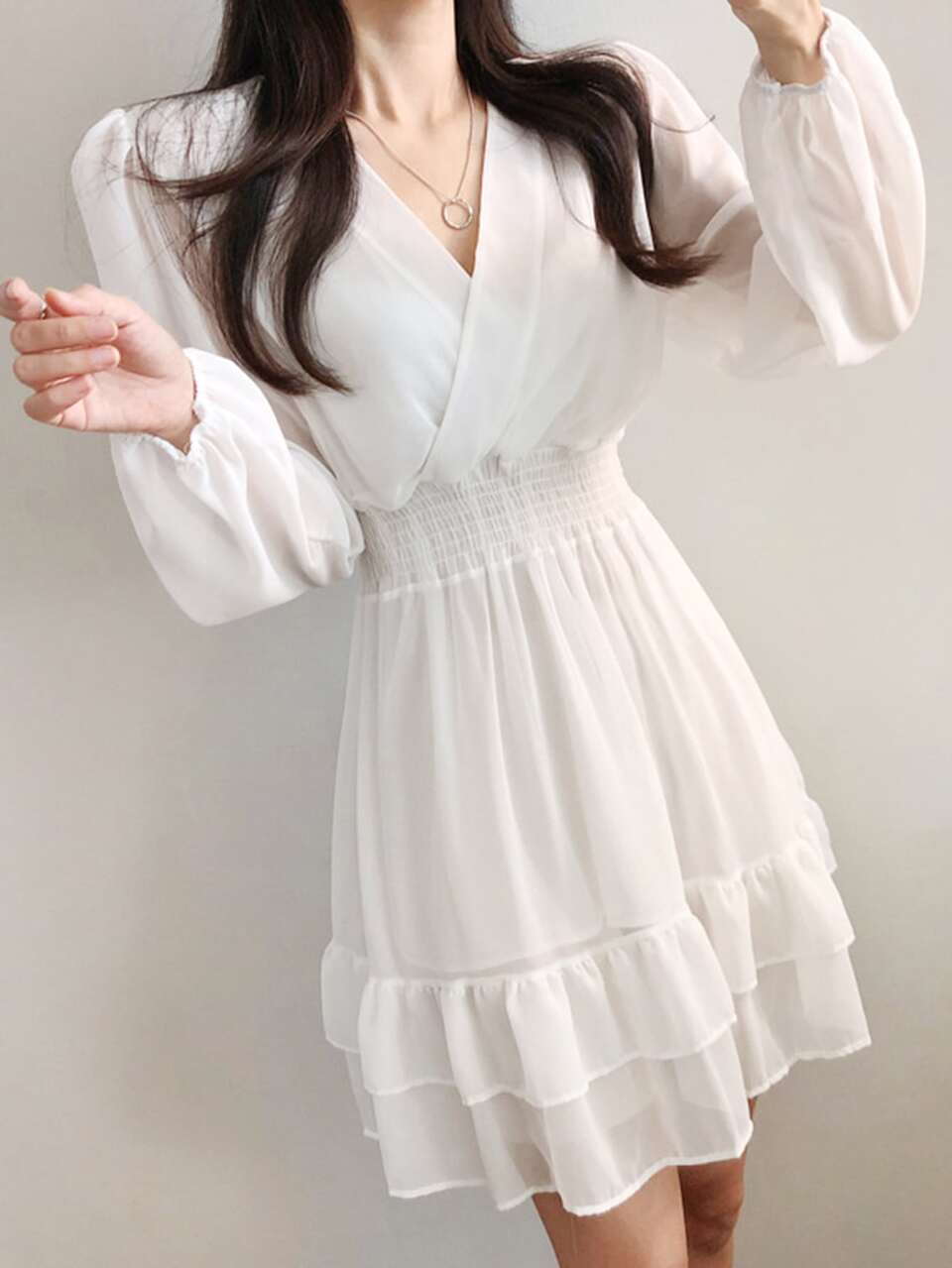 Surplice Neck Bishop Sleeve Shirred Waist Layered Hem Dress,Fall Dress