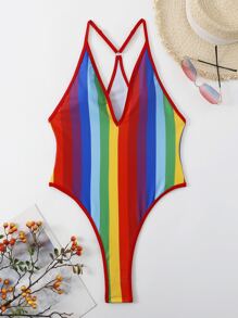 彩虹條紋吊脖連體泳衣 - 彩色 - 查看 6
