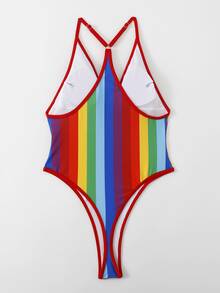 彩虹條紋吊脖連體泳衣 - 彩色 - 查看 4