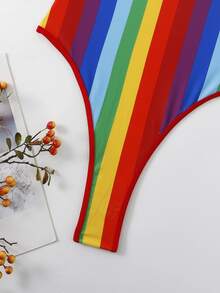 彩虹條紋吊脖連體泳衣 - 彩色 - 查看 2