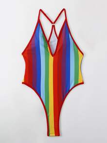 彩虹條紋吊脖連體泳衣 - 彩色 - 查看 3