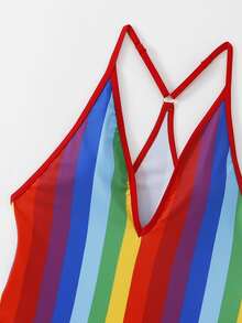 彩虹條紋吊脖連體泳衣 - 彩色 - 查看 5