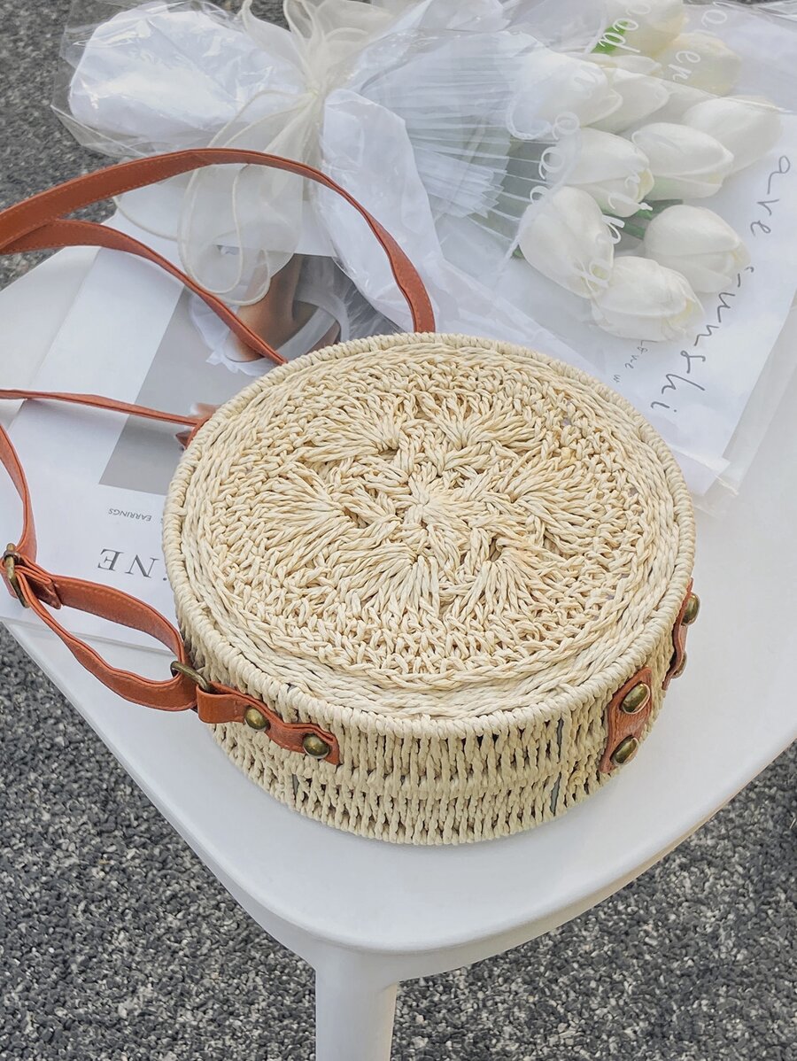 極簡風格按扣草編包 - 米色 - 查看 1