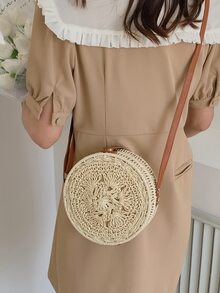 極簡風格按扣草編包 - 米色 - 查看 2