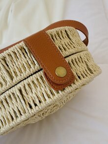 極簡風格按扣草編包 - 米色 - 查看 5
