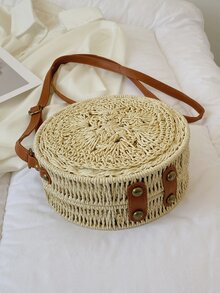 極簡風格按扣草編包 - 米色 - 查看 7