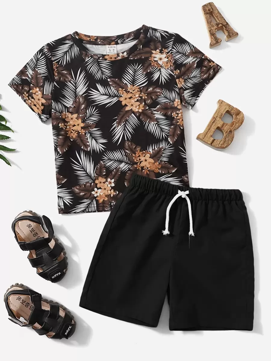 SHEIN Young Boy Tropical Print Tee & Drawstring Waist Shorts - Multicolor - View 1