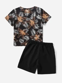SHEIN Young Boy Tropical Print Tee & Drawstring Waist Shorts - Multicolor - View 2