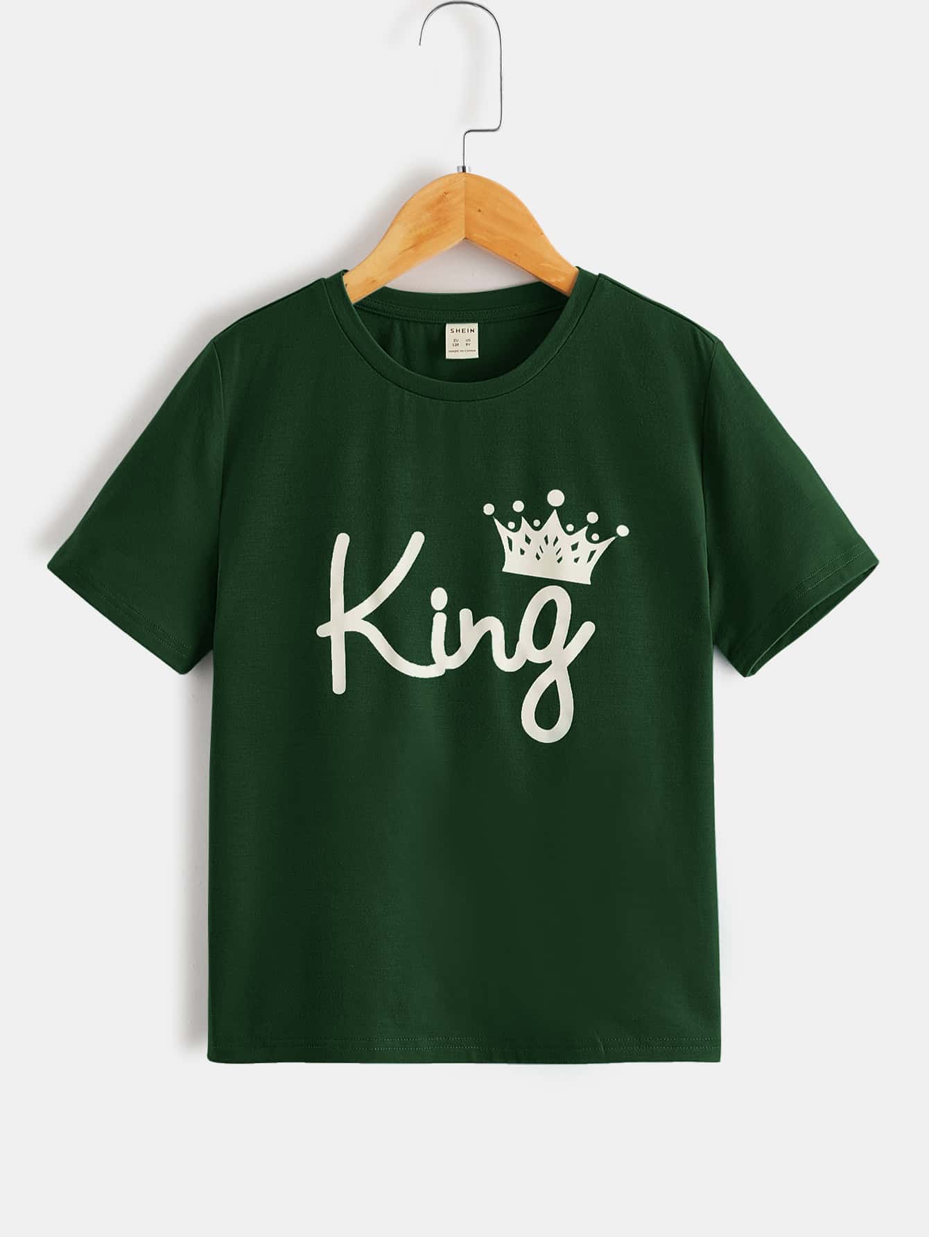 SHEIN Teenage男孩王冠和字母印花T卹，簡約、舒適、休閒，適合夏季日常穿著 - 墨綠色 - 查看 1