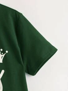 SHEIN Teenage男孩王冠和字母印花T卹，簡約、舒適、休閒，適合夏季日常穿著 - 墨綠色 - 查看 3