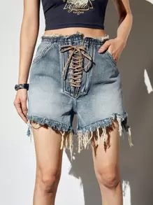 繫帶毛邊牛仔短褲 - 深色水洗藍 - 查看 1