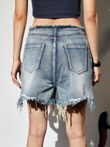 繫帶毛邊牛仔短褲 - 深色水洗藍 - 查看 2