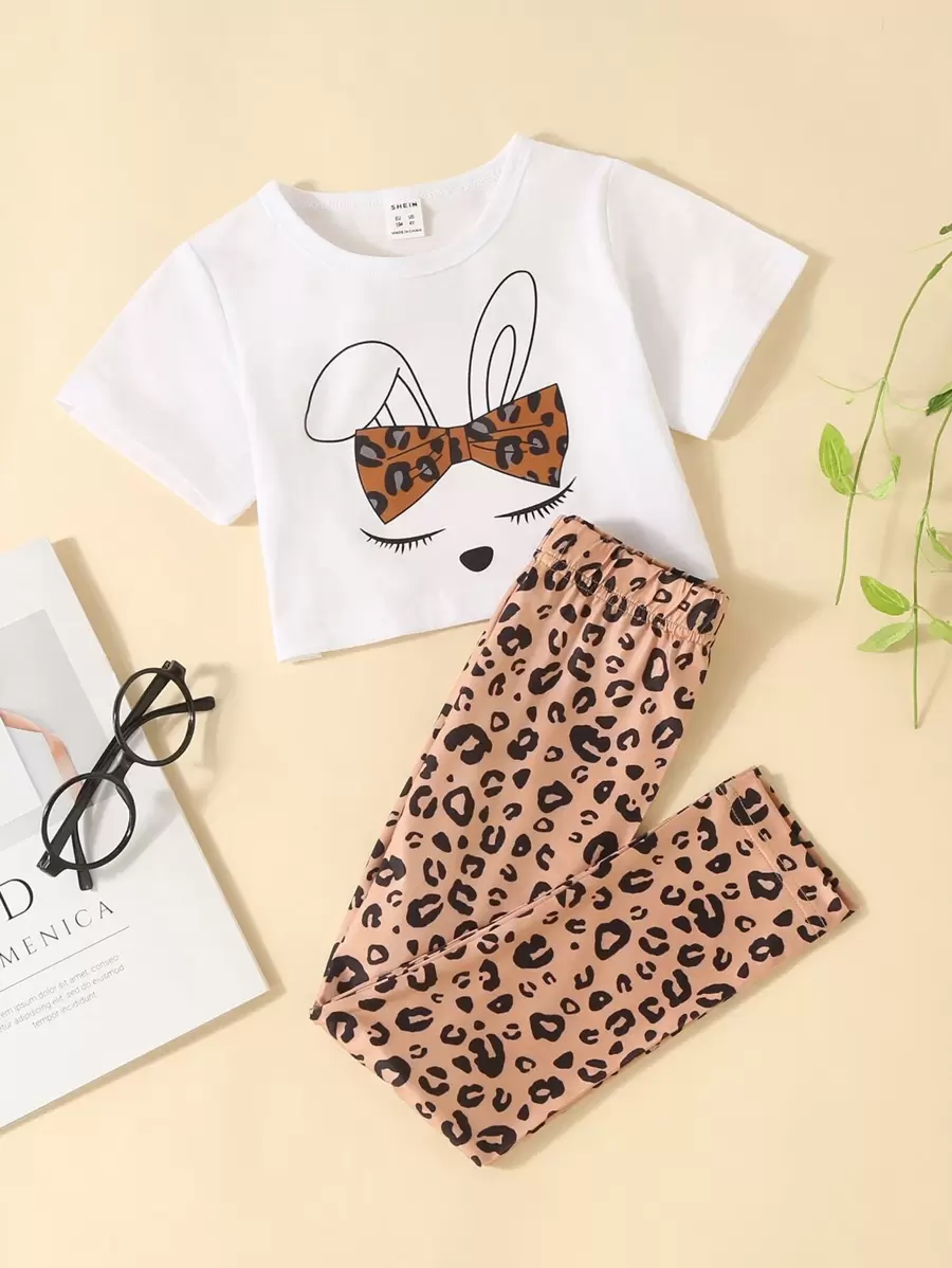 SHEIN 年輕女孩豹紋及卡通圖形t恤和緊身褲 - 彩色 - 查看 1