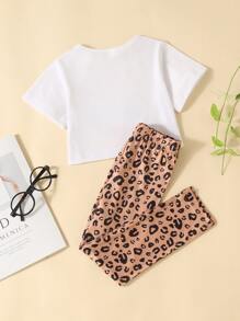 SHEIN 年輕女孩豹紋及卡通圖形t恤和緊身褲 - 彩色 - 查看 2