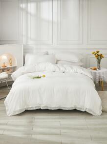 1pc White Lace Duvet Cover Set, Bohemian Farmhouse Style 3 Pieces Set, Ruffle Trim, Soft Microfiber Duvet Cover (1 Duvet Cover + 2 Pillow Shams, Comforter Not Included), Unisex, 1 Duvet Cover, 2 Pillow Shams, No Comforter Included, Suitable For All Seasons, Ideal For Dorm Use - White - View 3