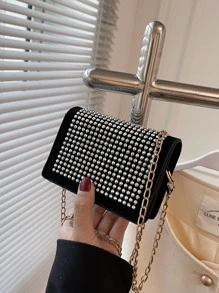 Sac carré à strass chaîne à rabat - Argent - Voir 1