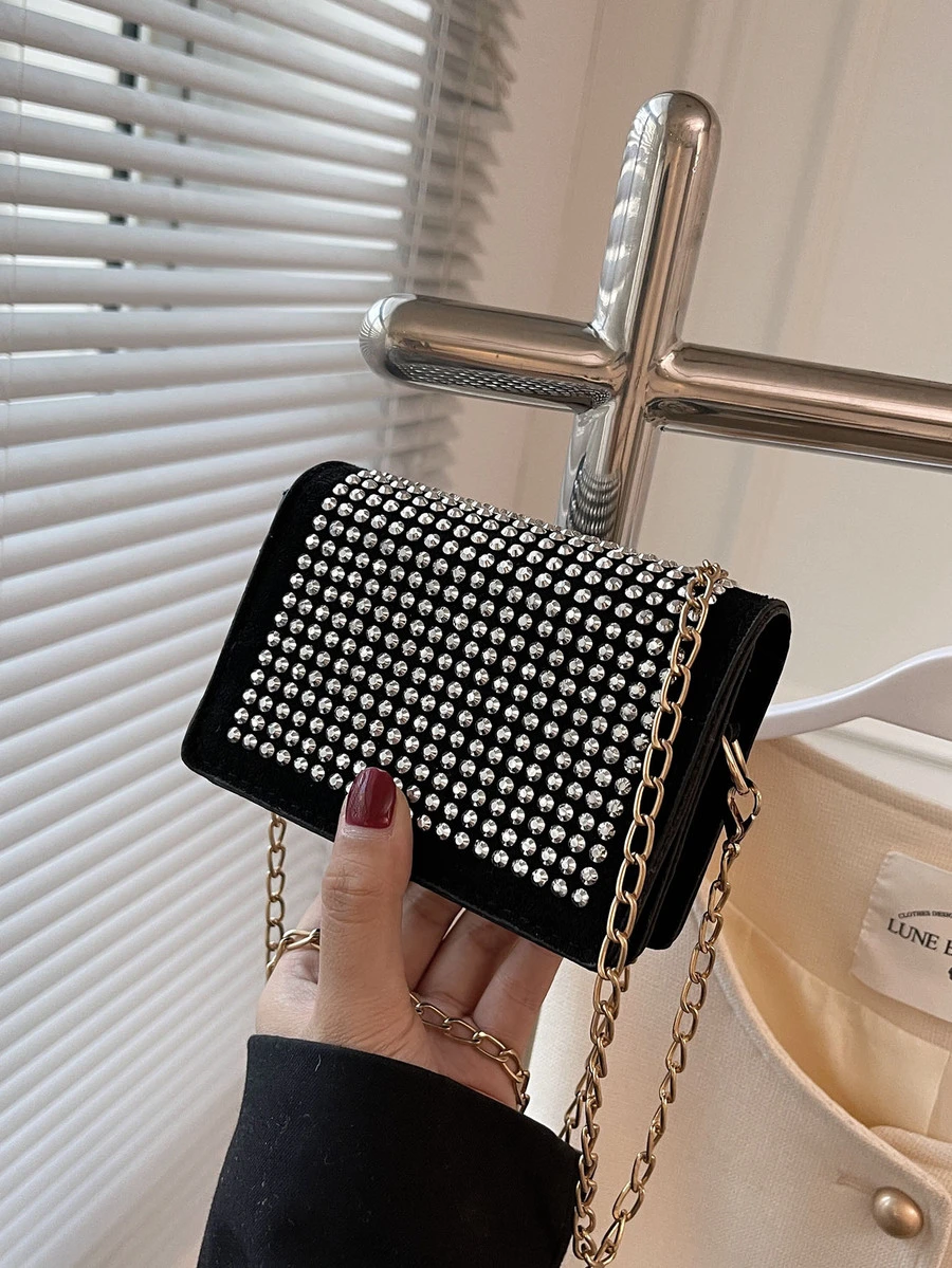 Sac carré à strass chaîne à rabat - Argent - Voir 1