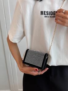 Sac carré à strass chaîne à rabat - Argent - Voir 2