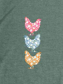 Floral And Chicken Print Tee - Dark Green - View 3