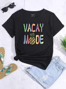 SHEIN LUNE Pineapple And Letter Graphic Tee - Black - View 1