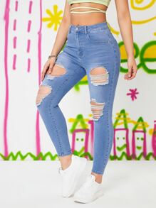 SHEIN Essnce Ripped Cut Out Skinny Jeans - Light Wash - View 5