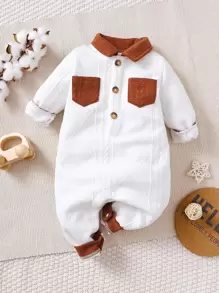 Baby Contrast Collar Dual Pocket Textured Shirt Jumpsuit - White - View 1