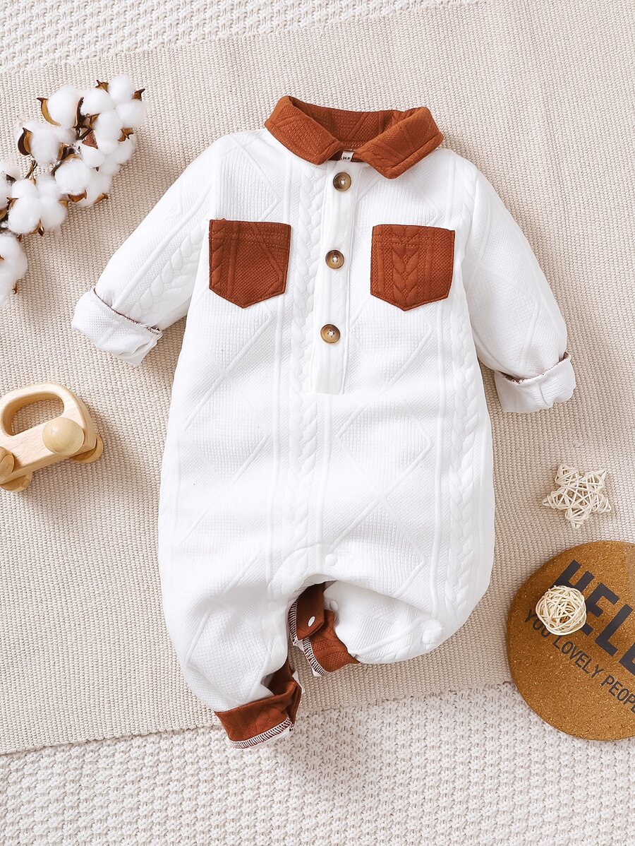 Baby Contrast Collar Dual Pocket Textured Shirt Jumpsuit - White - View 1