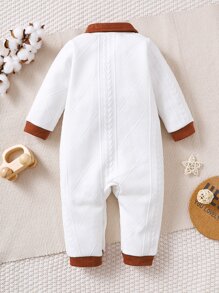 Baby Contrast Collar Dual Pocket Textured Shirt Jumpsuit - White - View 2