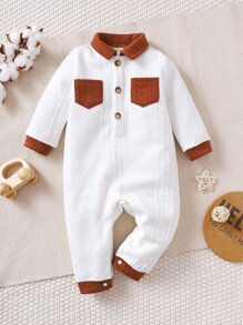 Baby Contrast Collar Dual Pocket Textured Shirt Jumpsuit - White - View 3