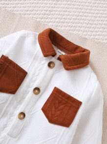 Baby Contrast Collar Dual Pocket Textured Shirt Jumpsuit - White - View 4
