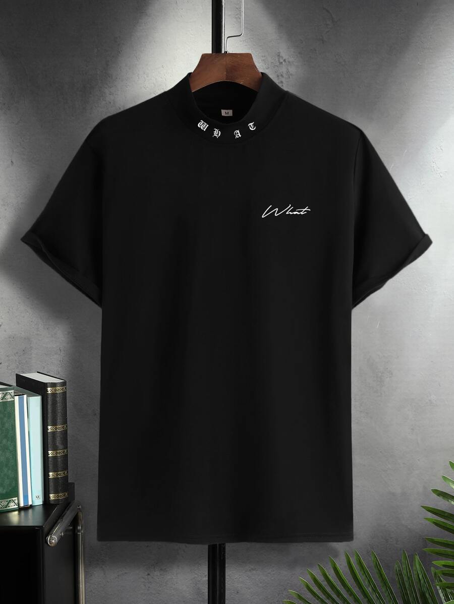 Manfinity Homme Men T-Shirts Fit Mock Neck Short Sleeve Slogan Tee Casual - Black - View 1