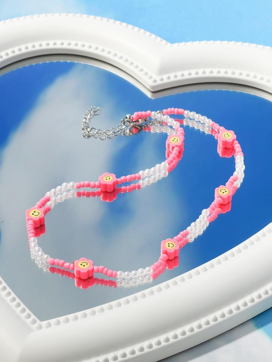 Ngọc trai giả & vòng cổ trang trí hoa - Hồng - Xem 1