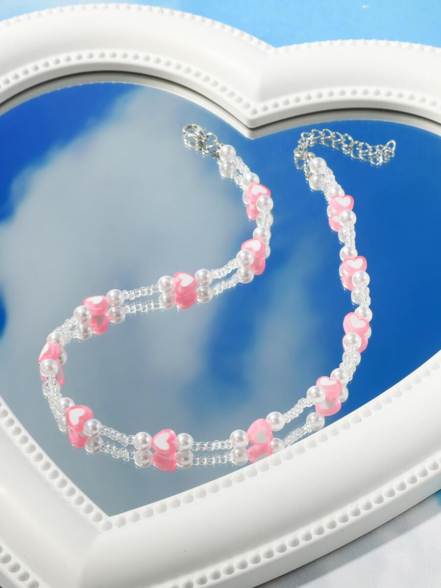 Faux Pearl & Heart Decor Beaded Necklace - Pink - View 1