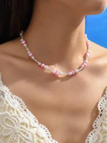 Faux Pearl & Heart Decor Beaded Necklace - Pink - View 2