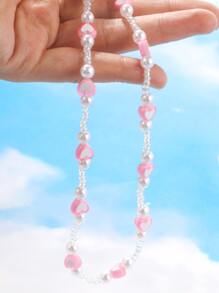 Faux Pearl & Heart Decor Beaded Necklace - Pink - View 3