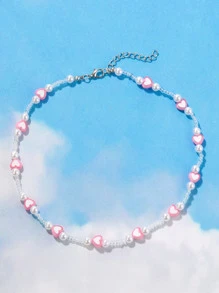 Faux Pearl & Heart Decor Beaded Necklace - Pink - View 4