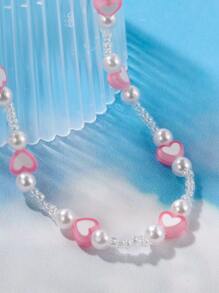 Faux Pearl & Heart Decor Beaded Necklace - Pink - View 5